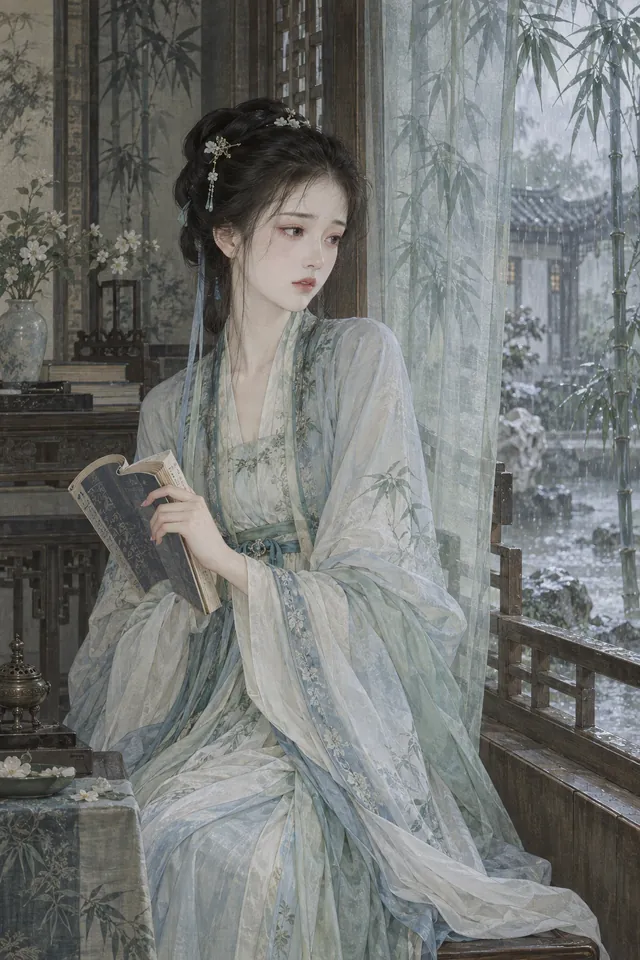 竹影窗前的林黛玉,AI 工笔设色插画